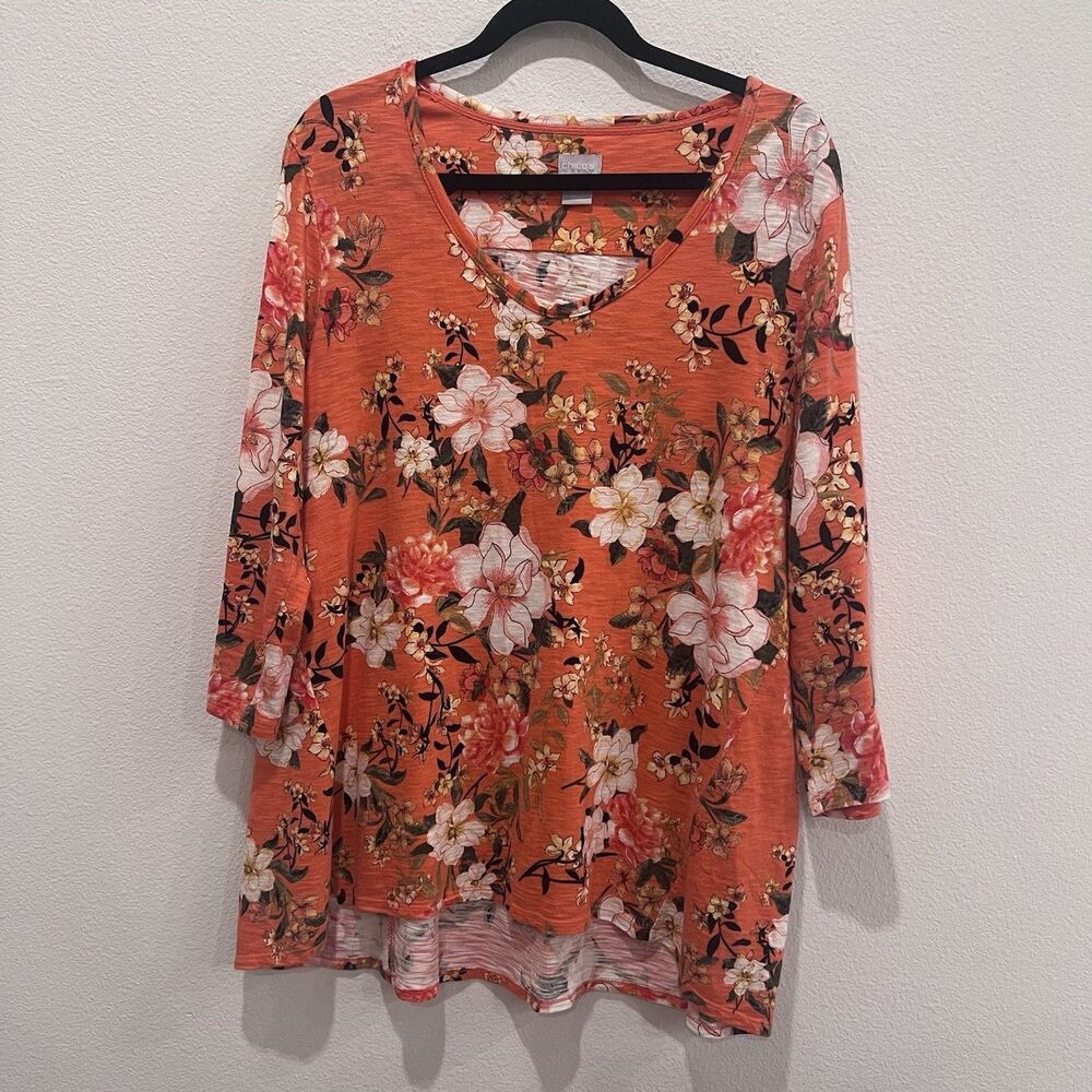 Chicos Women’s Orange Floral 3/4 Sleeve Top Cotton Tropical XL  Vacation Casual